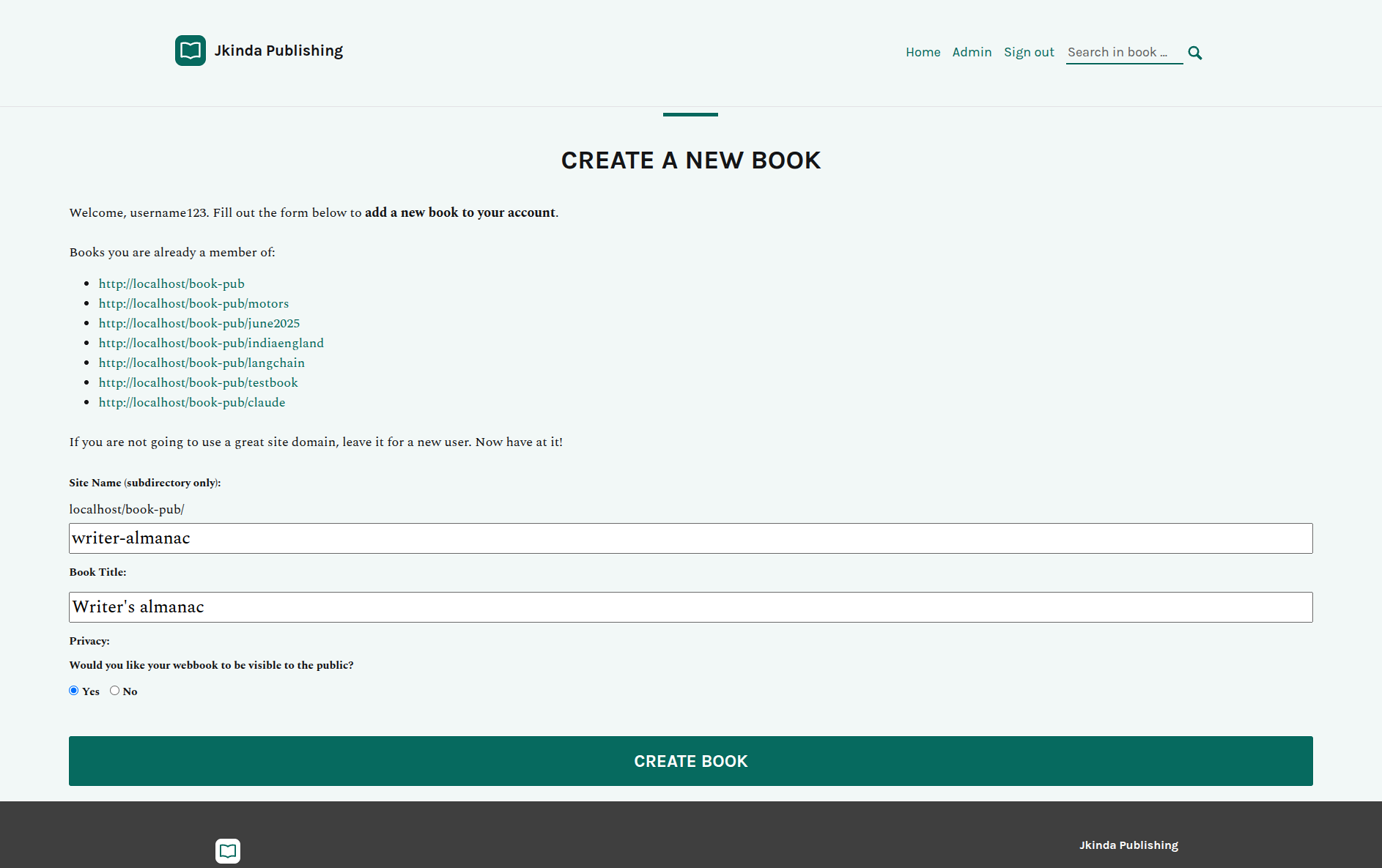 The Create a New Book form in Jkinda Publishing, with a site name, book title, and public or private visibility choice.