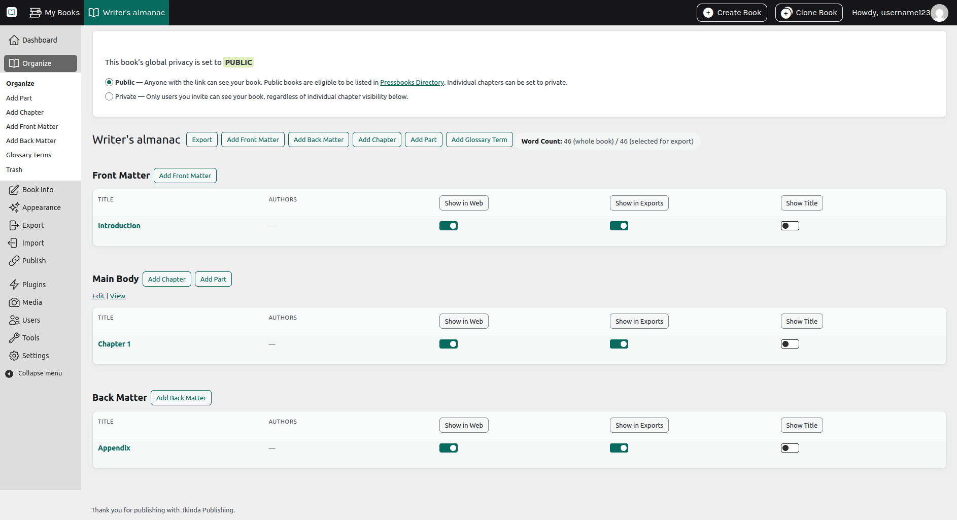 The Organize screen showing a book's front matter, main body chapter, and back matter, each with web and export visibility toggles.