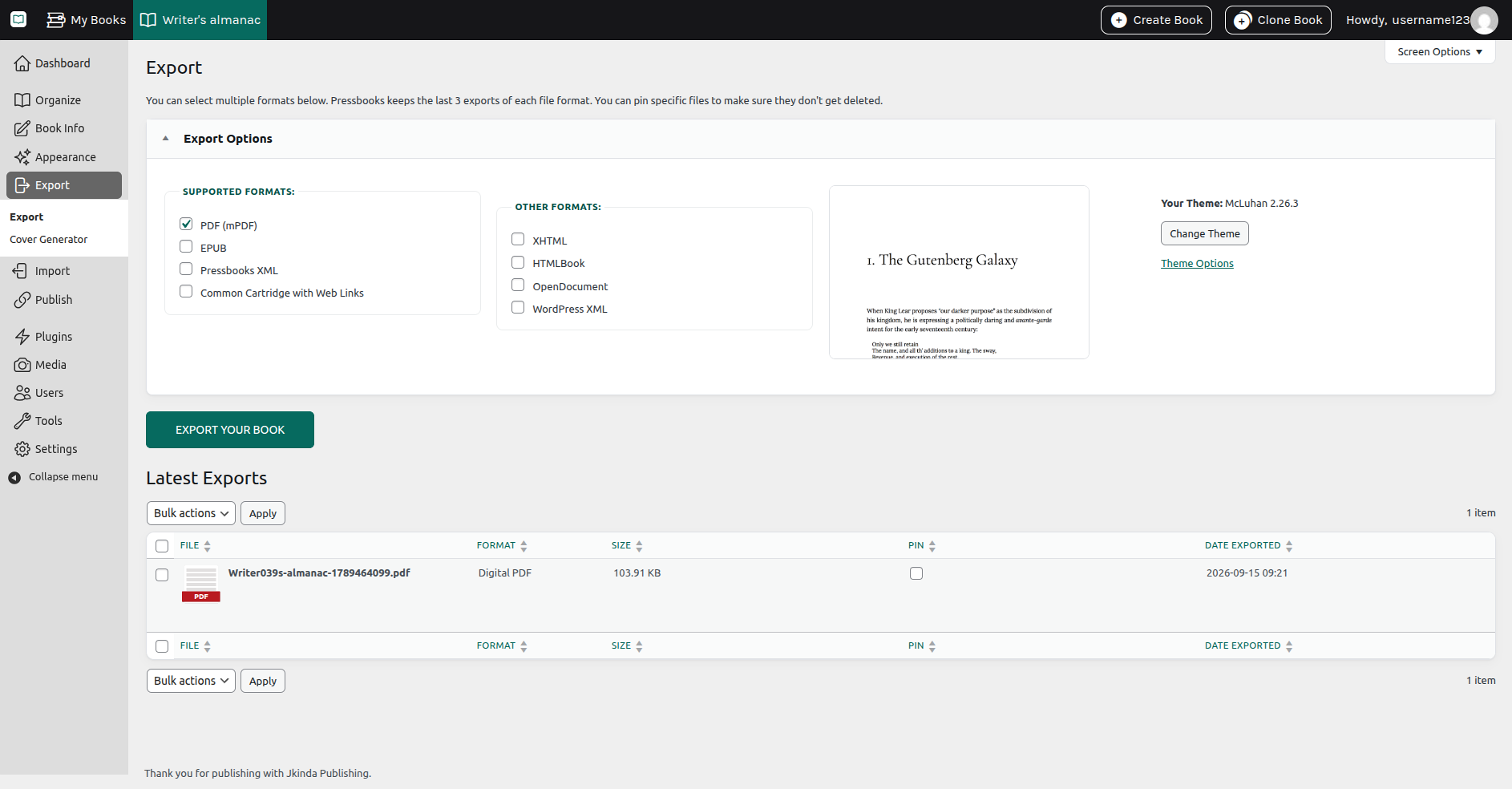 The Export screen with PDF selected, an Export Your Book button, and a table of past exports with file size and date.